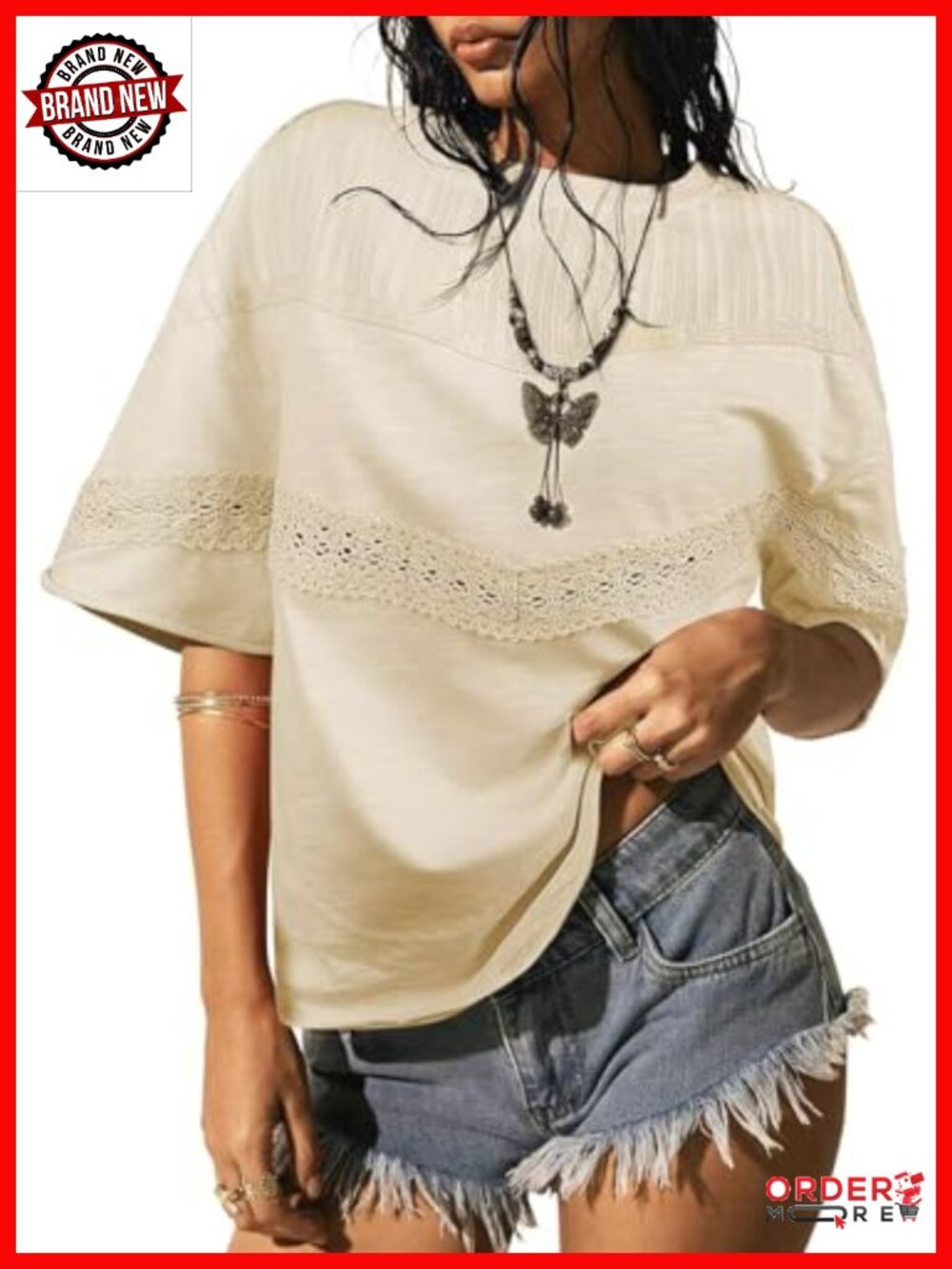 Oversized Short Sleeve Boho Blouse with Crochet Eyelet Lace - Flowy Summer Top